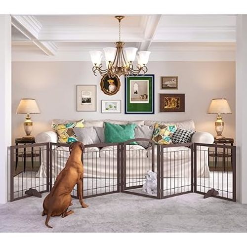 JSB 144-inch Extra Wide 30-inch Tall Dog gate with Door Walk Through, Freestanding Pet Gate for Halls, Stairs & Home, Pet Puppy Safety Dog Fence with 2PCS Support Feet (Espresso)
