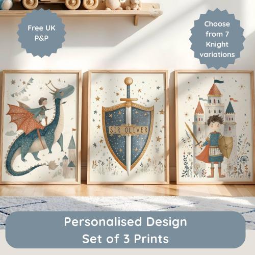Personalised Knight and Dragon Wall Art Set of 3, Fairytale Nursery Prints for Kids Room, Storybook Adventure Decor