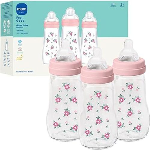 MAM 9oz Premium Glass Wide Neck Baby Bottle with Medium Flow Breastfeeding-Like Silicone Nipple, Easy to Clean, BPA Free, 2+ Months, Easy Switch Between Breast and Bottle, Made in Europe, 3 Pack