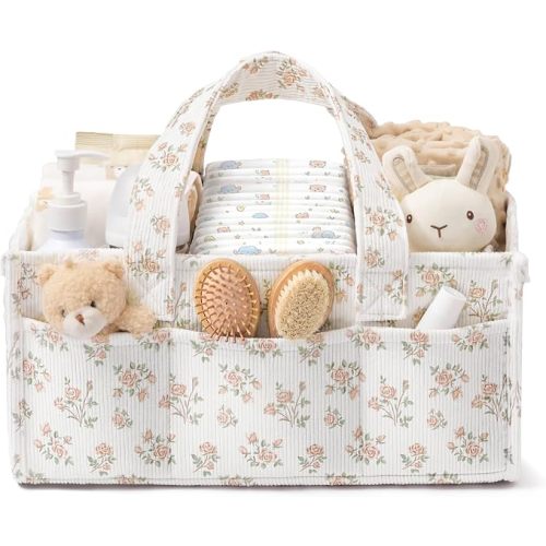 Corduroy Baby Diaper Caddy Organizer with Handles, Nursery Storage Basket