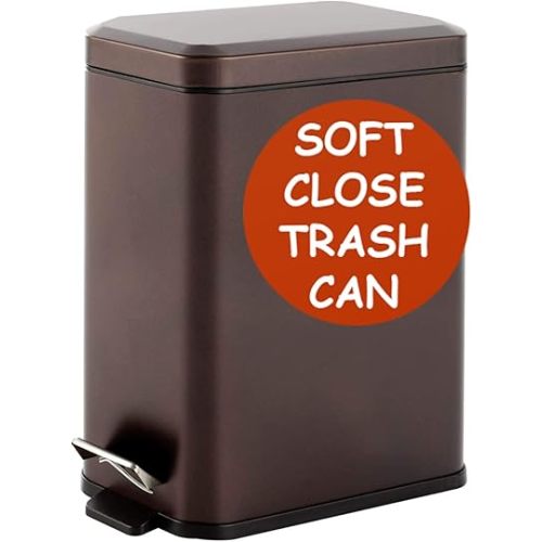 Homie Soft Close, Slim Trash Can 3.2 Gallon with Anti - Bag Slip Liner and Lid, Use as Mini Garbage Basket, Slim Dust Bin, or Decor in Bathroom, Restroom, Kitchen, or Bedroom (Bronze)
