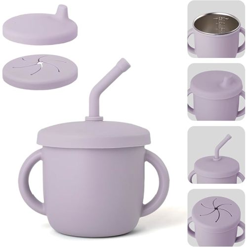 4-in-1 Stainless Steel Silicone Sippy Cup, 8.5oz Toddler Open Cup with Straw, Sippy & Snack Lids, For Baby Led Weaning, Toddlers 1-3 Years Trainning Kids Drinking, Dishwasher Safe, Lilac