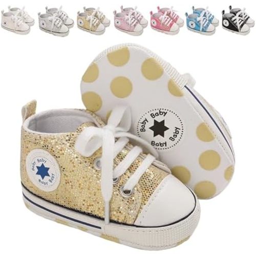 Baby Girl Shoes Glitter Canvas Sneakers Fashion Shiny Lace-Up Infant Baby Shoes, Soft Flexible Sole with Wide Toe Design Crib Shoes for Sparkly First Walkers Sneakers (0–18 Months)