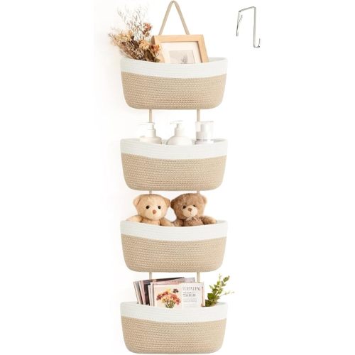 Over The Door Hanging Basket Storage 4-Tier Woven Wall Basket, Jute & White