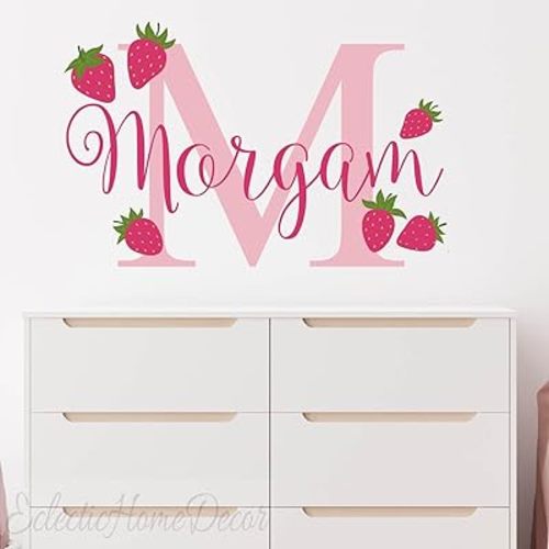 Personalized Girl Name with Pink Strawberry Wall Decals,Strawberry Wall Stickers Kids Room Baby Nursery Decor Baby Girl Room Decoration
