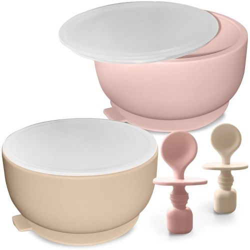 Sperric Silicone Baby Feeding Set - Infant Suction Bowls with Lids and Spoons | BPA Free Toddler Self Feeding Utensils for 0-6 Months (Beach Sand)