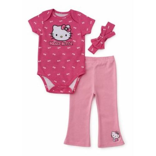 Hello Kitty Infant Girls' 3-Piece Bodysuit, Leggings and Headband Set, Pink/Bows, 12 Months