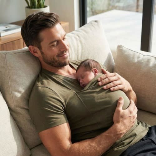 Baby Carrier Shirt for Dad (V-neck) - Gift for Daddy - Comfortable & Easy to Use Mens Kangaroo Shirt With Pouch