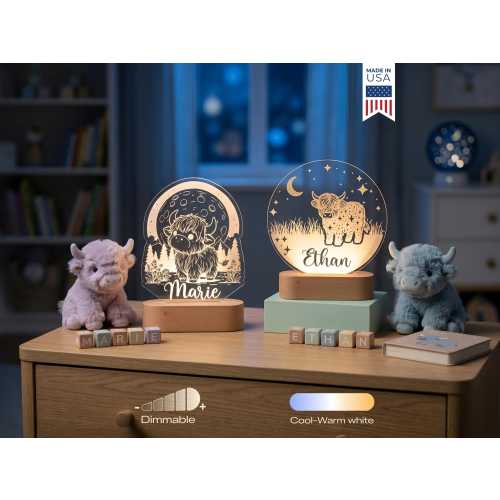Custom Highland Cow Night Light - Personalized LED Lamp  Kids Room, Nursery Decor, Unique Baby Shower Gift, Boy/Girl Name Bedroom Nightlight