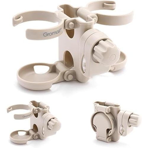 Gromast 3 in 1 Foldable Stroller Cup Holder with Phone Holder, 360° Rotatable Bottle Holder, Universal Cup Holder for Baby Stroller, Tricycle - Khaki