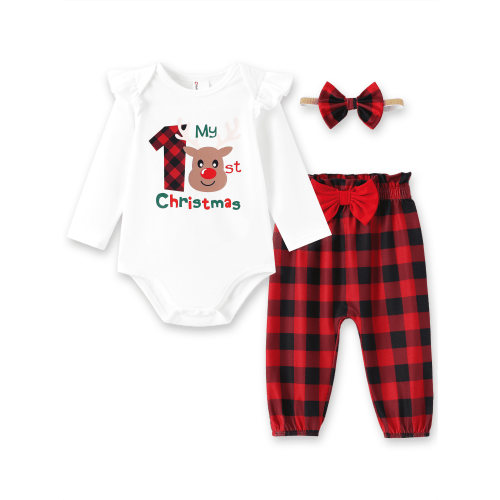 PatPat Baby Girl Christmas Outfit Long Sleeve My First Christmas Reindeer Romper Plaid Pants Headband Set Winter Clothes 0-3 Months