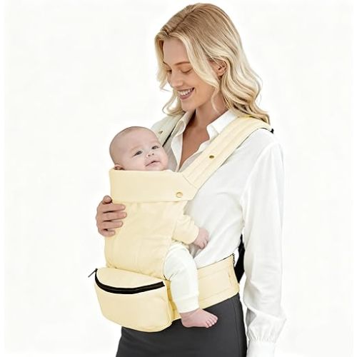 Baby Carrier with Storage Bag, 4 in 1 Front & Back Facing Design, Forward Facing, Adjustable, Baby Essential, Head Support, Baby Carrier for Newborn to Toddler, Almond Yellow