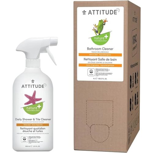 Bundle of ATTITUDE Nature +, Hypoallergenic Daily Shower & Tile Cleaner, Citrus Zest, 27.1 Fluid Ounce + Bulk Refill 135.26 Fl Oz