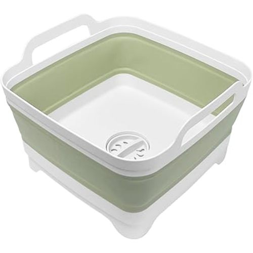 2.4 Gal(9L) Collapsible Dish Basin with Drain Plug, Space Saving Outdoor Multiuse Foldable Sink Tub, Dishpan, Kitchen Storage Tray for Camping, Vegetable Washing, RV (Green)
