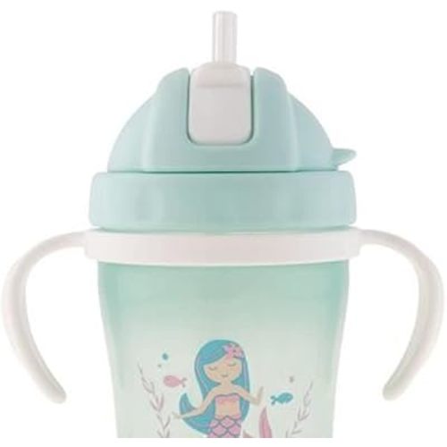 Stephen Joseph Straw Cups, Transition Straw Cup with Removable Handles, Flip-Top Straw Spill Free Baby Sippy Cup, Soft Straw Cup – 5oz, Mermaid