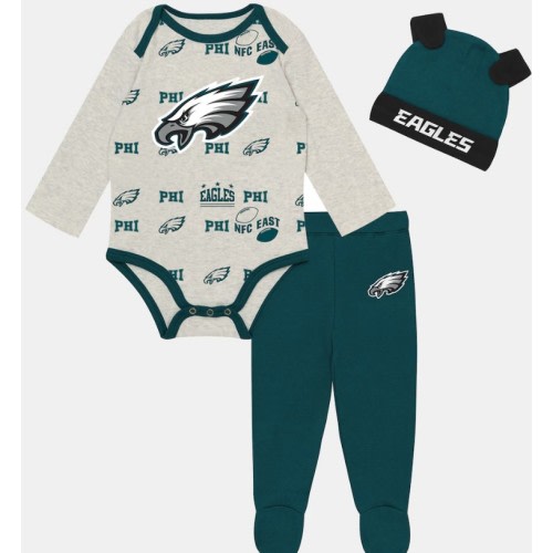 Newborn Philadelphia Eagles Outerstuff Heather Gray Huddles & Giggles 3-Piece Pant and Hat Set