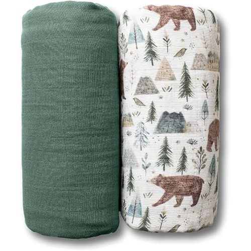 Miaoberry GOTS Certified Organic Muslin Swaddle Blankets, 2 Pack Baby Receiving Blankets, Soft Breathable Cotton Swaddles for Newborn Boys & Girls, Forest Bear & Green