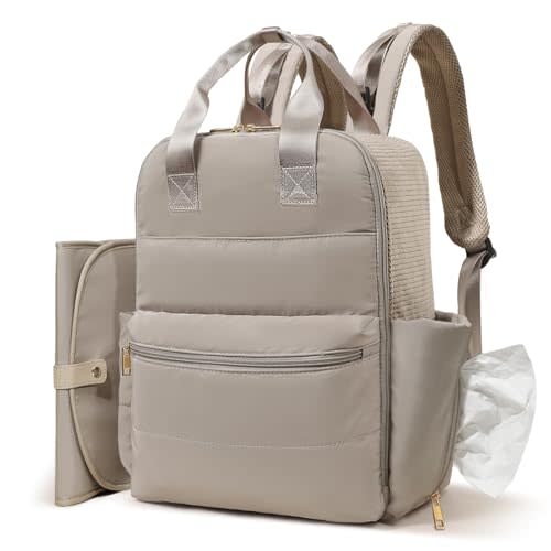 MOMINSIDE Diaper Bag Backpack Large Baby Diaper Bag With 15 Pockets,Patchwork Baby Travel Bag Organizer for Mom,4 Insulated Pockets,Changing Pad,Brown