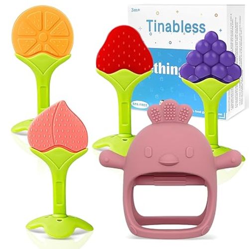 Baby Teething Toys (5 Pack) - Tinabless Infant Teething Keys&Silicone Teething Mitten Set for Babies Over 3 Months, Anti Dropping Baby Chew Toys for Sucking Needs, BPA Free(Coral Red)