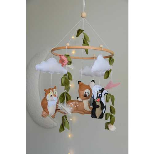 Woodland Baby Mobile Bambi and Thumper Crib Mobile with Owl, Skunk & Flowers | Handmade Nursery Decor for Baby Girl or Boy