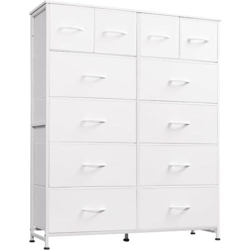 WLIVE Tall White Dresser for Bedroom with 12 Drawers, Dressers & Chests of Drawers, Fabric Dresser for Closet, Living Room, Storage Dressers with Storage Drawers, Steel Frame, Wood Top