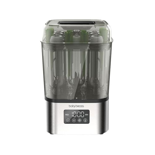 Baby Brezza 10 Minute SuperQuick Bottle Sterilizer + Dryer - Large 8 Bottle Capacity - Steam Sanitization – Universal Fit for All Bottles: Plastic + Glass + Pacifiers + Breast Pump Parts, Stainless
