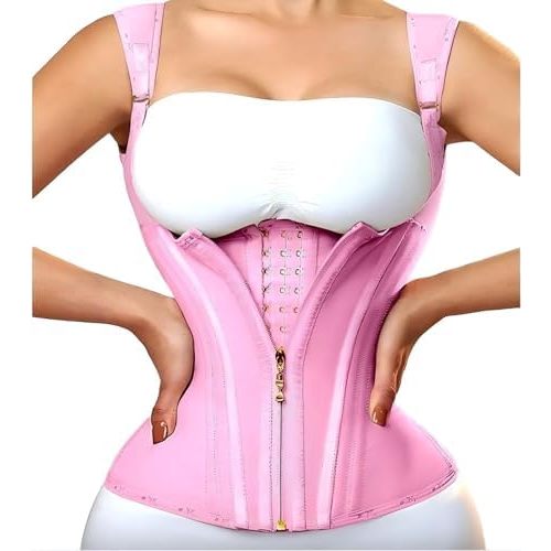 Women Double Compression Waist Trainer Corset Adjustable Straps Steel Bone Support,Zipper Hook Flat Belly Body Shaper Belt