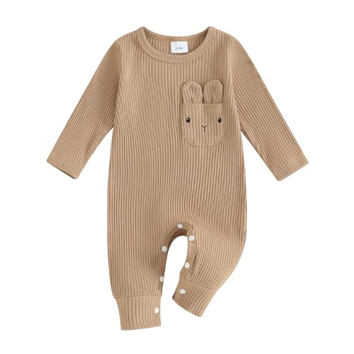 Newborn Baby Boy Easter Outfit Knit Ribbed Bunny Rabbit Skin Ear Pocket Romper Jumpsuit Infant One Piece Clothes