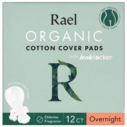 Rael Organic Cotton Cover Menstrual Overnight Pads, Unscented, for Maximum Absorbency, 12 Count HSA/FSA Eligible