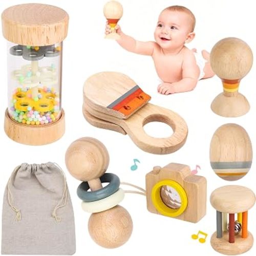 Montessori Wooden Baby Toys 0-12 Months, 7-Piece Sensory Rattle & Music Set