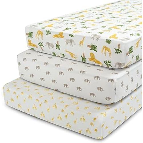 Delta Children Fitted Crib Sheets for Girls and Boys - Crib Sheet for Standard Crib and Toddler Mattresses - 28x52 Inch (Pack of 3), Safari Friends