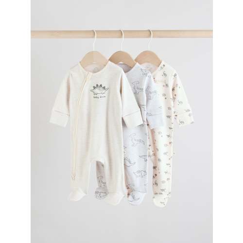 Grey 100% Cotton Two Way Zip Baby Sleepsuits 3 Pack (0-2yrs)
