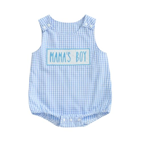 Licupiee Mama's Boy Baby Clothes Infant Gingham Romper Newborn Summer Overalls Embroidery Letter Sleeveless Bubble Bodysuit