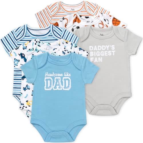 Baby Essentials 6 Pack Bodysuit Set, Baby Boy 6 Piece Newborn Outfit Set, Button Closure, Short Sleeve