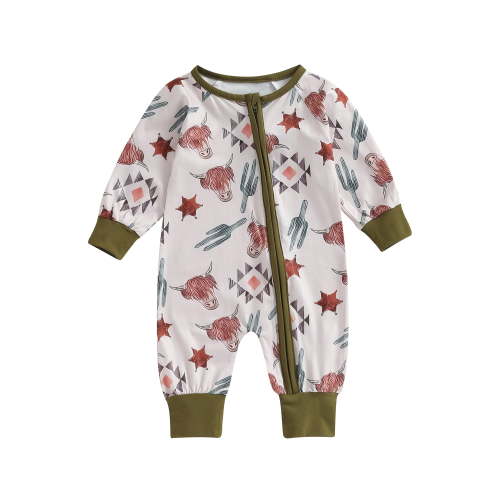 Qtinghua Western Newborn Baby Girls Romper Long Sleeve Cactus Cattle Print Jumpsuit Fall Clothes Light Pink 3-6 Months