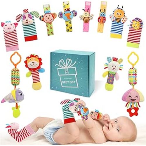 Baby Hanging Toy, Wrist Rattles, Rattle Socks, Handheld Wearable Washable Adjustable Rattle Toy, Newborn Present Baby Shower Birthday Gift Set for 0 1 2 3 Years Old Babies (12PCS-J)