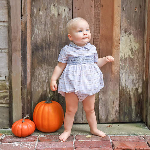 Blue & Tan Plaid Smocked Collared Bubble