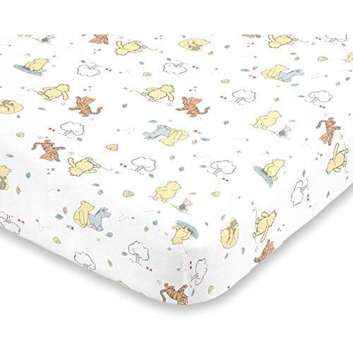 Disney Winnie The Pooh Classic Pooh 100% Cotton Fitted Mini Crib Sheet in Ivory, Butter, Aqua and Orange