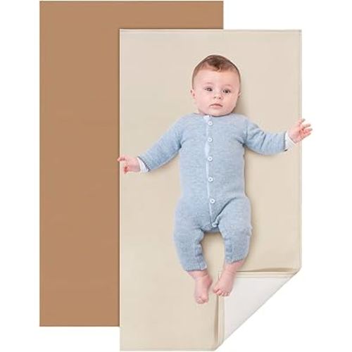 YACODAVO 2 Pack Baby Leather Changing Mat, Waterproof Portable Diaper Changing Pad for Home, Wipeable Foldable Baby Travel Mat Fits Perfectly in Diaper Bag, 30 x 17 inches, Off White and Light Brown