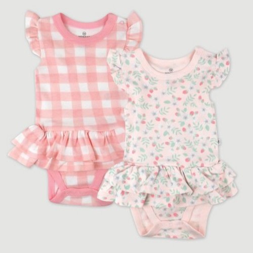 Honest Baby 2pk Ruffle Strawberry Patch Bodysuit Dress - Pink, Size: 6-9M