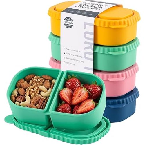 4 Pack Silicone Reusable Snack Containers with Lids - 8 oz Double Compartment Snackle Box for Kids & Adults, BPA-Free & Leakproof, Small for Dressing, School, Office