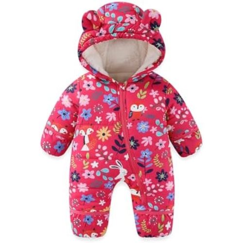 JiAmy Baby Snowsuit Baby Printed Winter Clothes With Flod-Over Girl Boy Hooded Outfits Jumpsuit Coat