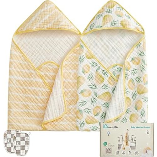 Hooded Baby Bath Towels 2 Pack 32x32 Inch, 100% Cotton Soft & Highly Absorbent, Cute Starry Waves & Pear Prints, Baby Towel Set with Wash Mitts, Gentle for Newborn, Infant & Toddler