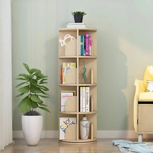 4 Tier Rotating Nursery Bookshelf, 360 Display Spinning Bookcase for Kids & Adults, Wood Bookshelf for Bedroom, Living Room, Study Room