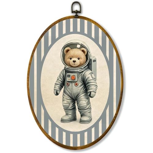 zewepri Astronaut Teddy Bear Oval Wall Art, Space Nursery Canvas, 8.5x11.5
