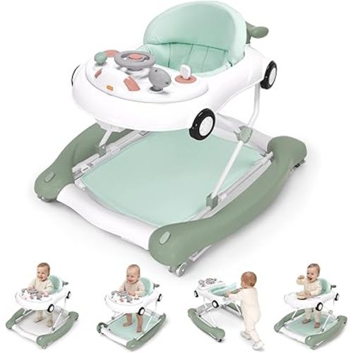 5-in-1 Convertible Baby Walker with Steering Wheel Music Activity Center – Infant Rocker, Jumper, Push Walker, Bouncer & Feeding Foldable Walker for Ages 6-18 Months Boys Girls (Mint)