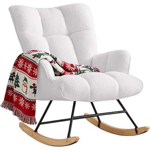 Rocking Chair Nursery Teddy Rocking Accent Chair Upholstered Glider Rocker Armchair Comfy Side Chair Padded Seat with High Back for Living Room Bedroom Offices (White)