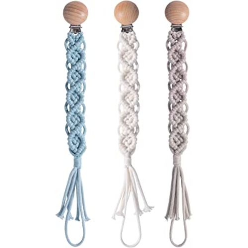 Boho Pacifier Clip for Boys Girls Pacifier Holder Leash Wooden Clips Handmade Braided Cotton Unisex Baby Shower Birthday Gift Christmas Gift