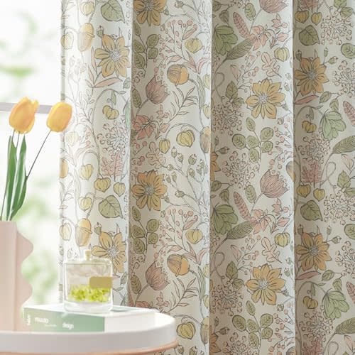 jinchan Nursery Curtains 95% Blackout Yellow Floral Curtains for Girls Room, 84 Inch Length Farmhouse Drapes for Bedroom Living Room Darkening Window Treatment Fall Decor Grommet Top Set of 2 Panels