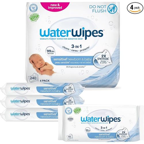 WaterWipes Sensitive+ Newborn & Baby Wipes, 3-In-1 Cleans, Cares, Protects, 99.9% Water, Unscented & Hypoallergenic, 240 Count (4 Packs)
